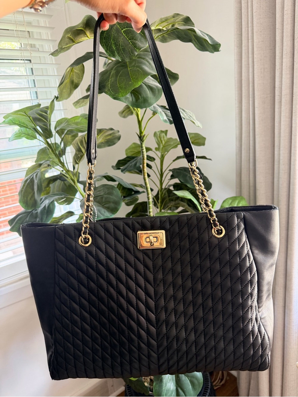 Karl Lagerfeld Black Quilted Tote with Gold Hardware